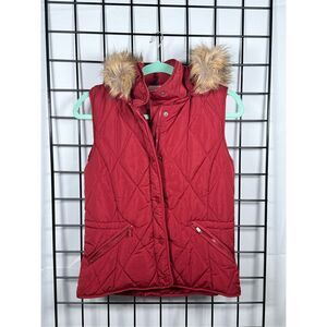 Zara Quilted Vest Womens S Red Faux Fur‎ Removable Hood Puffer Winter Gorpcore